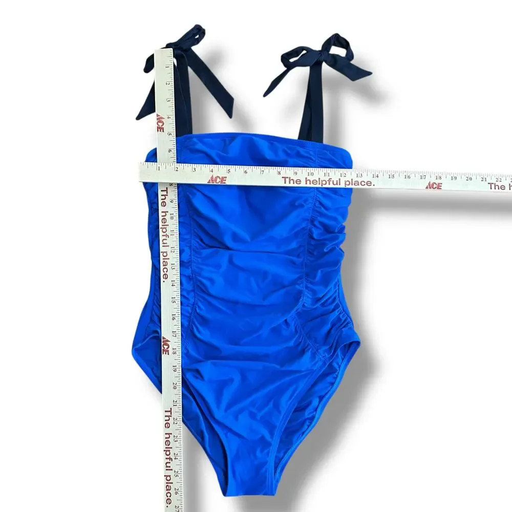 Kate Spade One Piece Swimsuit Women’s 6 Blue Black Tie Straps Ruched Padded Cups